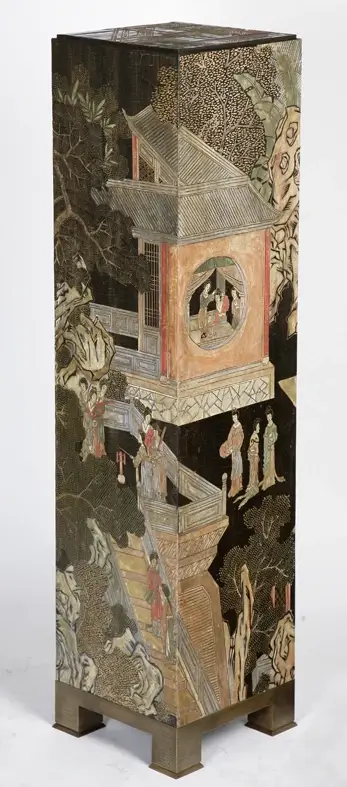 Semainier en laque dite ‘de coromandel’ du XIX siècle, bronze patiné et bois de dibetou.