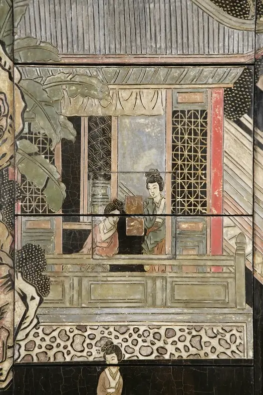 Semainier en laque dite ‘de coromandel’ du XIX siècle, bronze patiné et bois de dibetou.