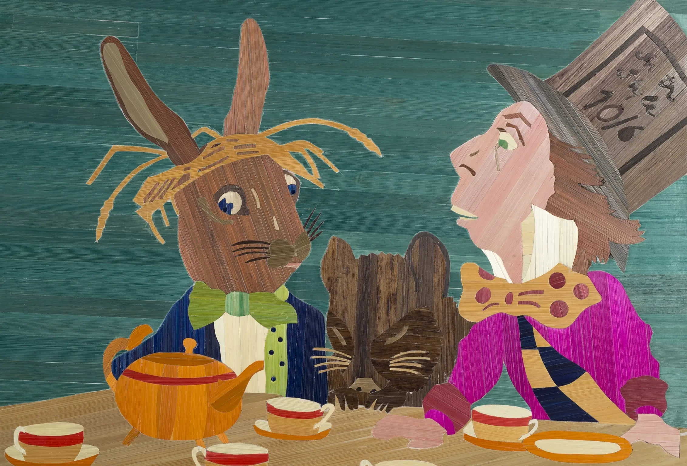Détail de la tête de lit en marqueterie de paille, avec les personnages issus des illustrations du livre de Lewis Caroll.